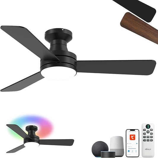 42" RGB Ceiling Fan with Light, Smart Fan with Alexa/Google/App Control, Flush Mount Ceiling Fan Light Music Sync, 6-Speed Quiet DC Motor, 4 CCT Dimmable Lighting for Living Room, Black