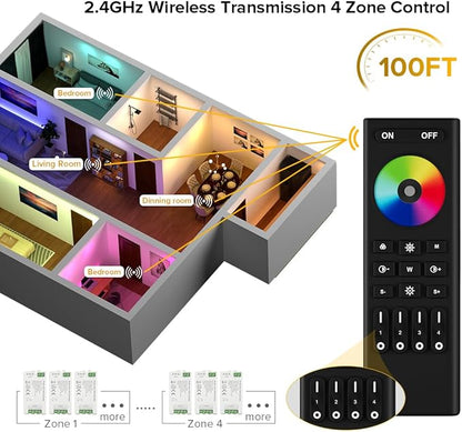 BTF-LIGHTING 2.4GHz Wireless RF Remote RC03RFB &2PCS C04RF Tuya Controller Kit 4 Zones Group Control 5050SMD FCOB COB PWM RGBW (+ R G B W) 5pin LED Strip DC5V DC12V DC24V