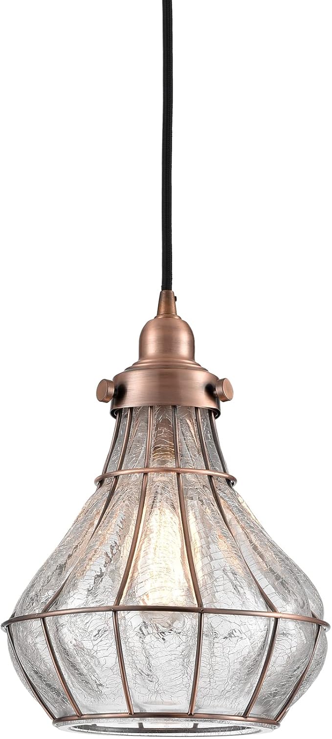 YUBOLE Copper Pendant Light with Cracked Glass Shade Vintage Kitchen Pendant Light Fixture E26 Based Red Antique Copper, Glass Hanging Light for Kitchen Dining Foyer