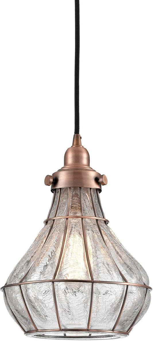YUBOLE Copper Pendant Light with Cracked Glass Shade Vintage Kitchen Pendant Light Fixture E26 Based Red Antique Copper, Glass Hanging Light for Kitchen Dining Foyer