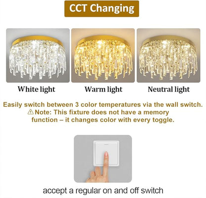 VETRULUS Gold Crystal Chandeliers for Dining Room 15.74" Round Luxury Flush Mount Crystal Ceiling Light Fixture Modern Chandelier for Bedroom Living Room Kitchen Island