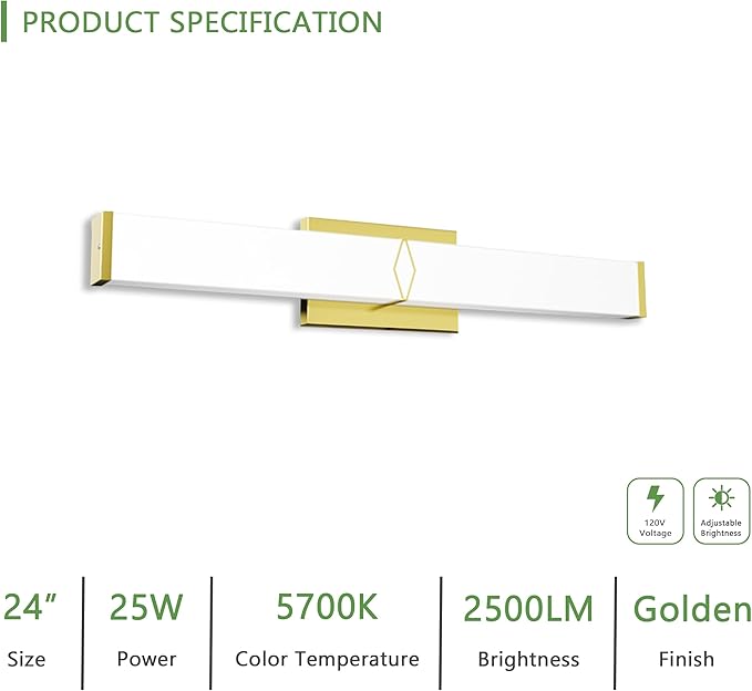 24 Inch Bathroom Vanity Light 2500LM, 5700K Daylight White Modern Bathroom Light Dimmable, AC 120V 25W Gold LED Vanity Lighting Fixtures Wall Sconce ETL Certified, 2Pack