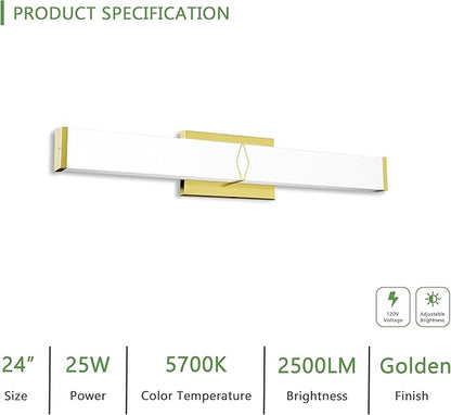 24 Inch Bathroom Vanity Light 2500LM, 5700K Daylight White Modern Bathroom Light Dimmable, AC 120V 25W Gold LED Vanity Lighting Fixtures Wall Sconce ETL Certified, 2Pack