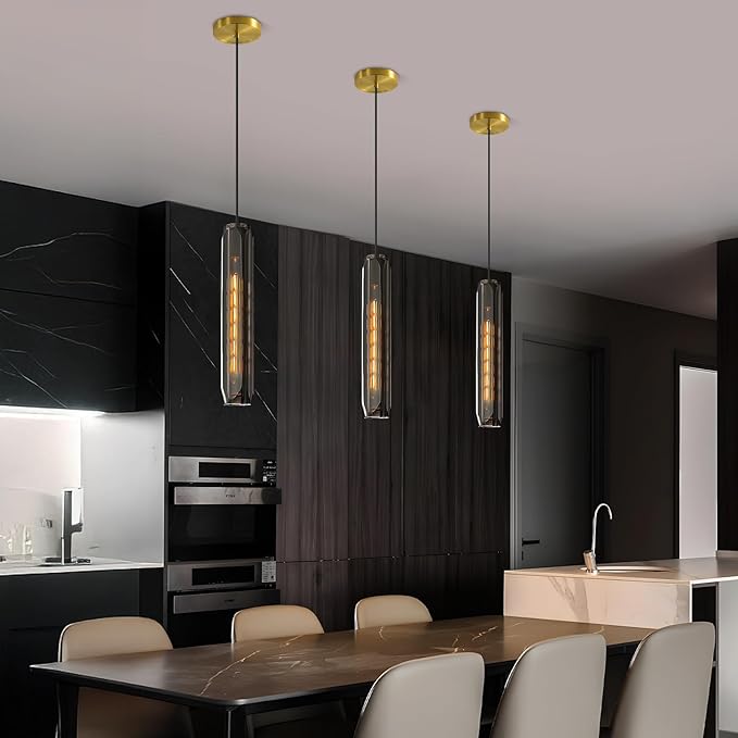 Modern K9 Crystal Kitchen Island Pendant Light,14.95'' Black Long Crystal Pendant Light,1 Light Indoor Crystal Pendant Light, for Kitchen Dining Bathroom Bedroom,Included 2 Bulb