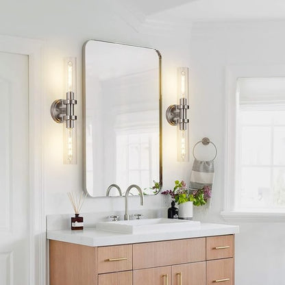 SANTOSTOCK Brushed Nickel 2-Light Bathroom Vanity Light Fixture, Modern Bathroom Sconces Wall Lighting W/Clear Glass Shade, Horizontal and Vertical Wall Mount Lamp for Mirror Hallway Kitchen