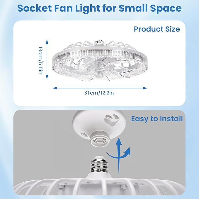 Ceiling Fans with Lights,Socket Fan Light with Remote Control,E26 Dimmable Brightness 3000K-6500K Memory,4 Fan Speeds,2200 Lumens LED Quiet Ceiling Fans Perfect for Small Spaces, Bedroom, Home Offices
