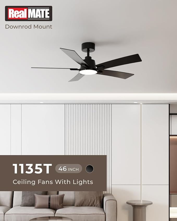 46 Inch Ceiling Fans with Lights and Remote, Black Ceiling Fan, Downrod Style with 5 Blades, Modern Design For Indoor Bedroom Living Room/Outdoor, 6 Speed Reversible DC Motor, 3CCT Dimmable LED