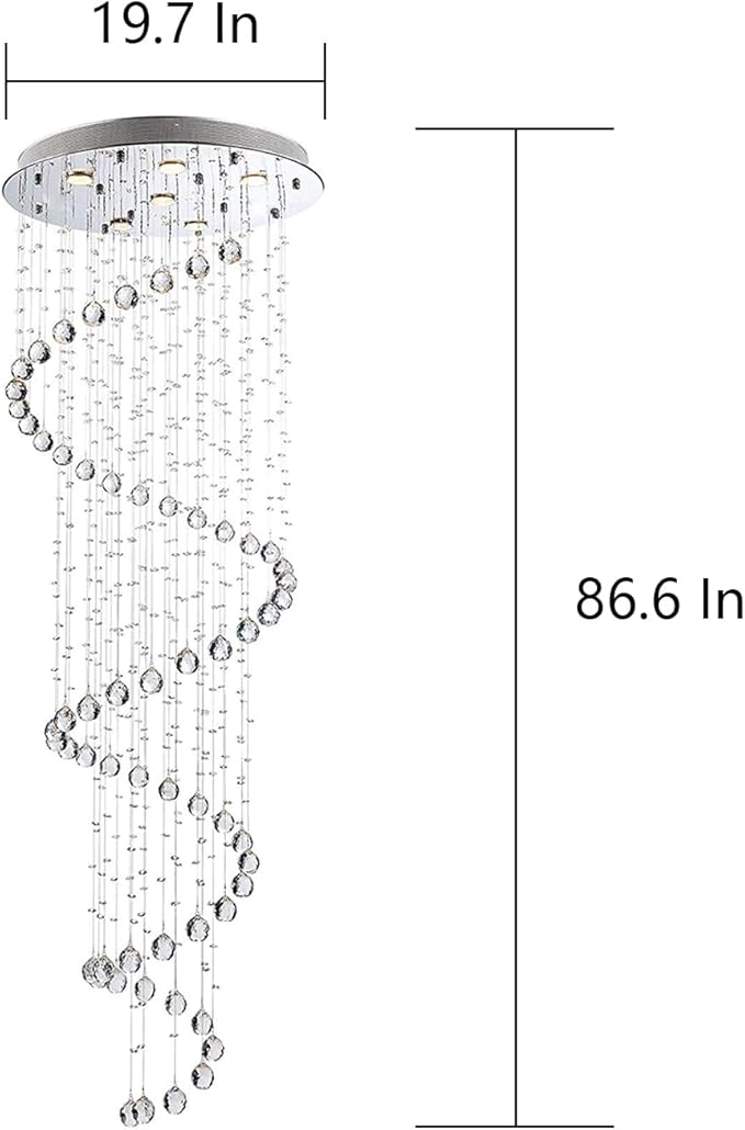 87-in Chandelier for High Ceiling, 6-Light Crystal Chandelier Spiral Design, Large Modern Ceiling Light for Stairs, Foyers, Living Rooms, Video Availablle for Easy Installation