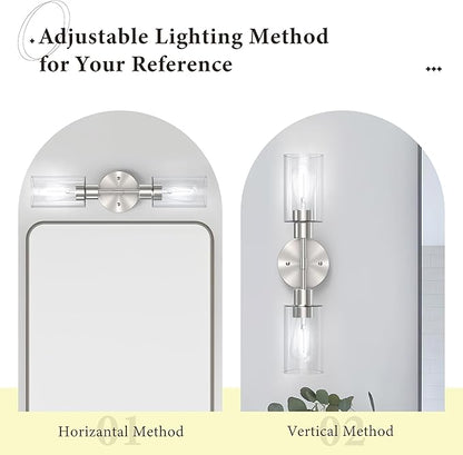 Bathroom Light Fixtures 2 Light Brushed Nickle, Bathroom Vanity Lights Over Mirror, Bathroom Sconces Wall Lighting，Farmhouse Vanity Light, Modern Vanity Lights with Clear Shades