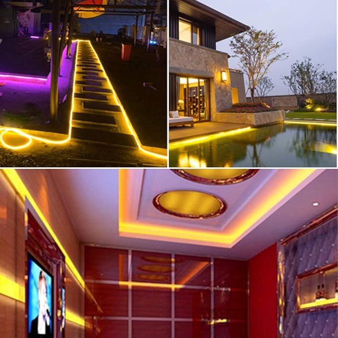 YM E-Bright Led Neon Strip Lights Without Power Supply, 12V Silicone Rope Indoor Outdoor 16.4Ft 600SMD Waterproof Flexible for Signboard Bar TV Kitchen Bedroom Home Party Decoration,Yellow/Amber