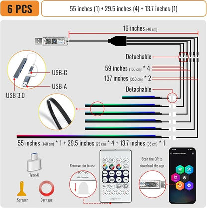 Acrylic Ambient Lighting Car Interior, 6 in 1 Dream Color Acrylic Led Strips Fiber Optic Lights with APP USB Hub, 16 Million Colors 187 Inches Flexible Neon Music Sync Emotion Glow Light for Car Dash