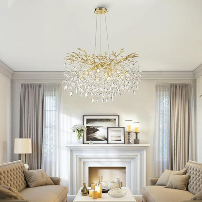 Modern Crystal Tree Branches Chandelier, 30in Gold 10 Lights Large Ceiling Hanging Light for Dining Room, Round Raindrop Pendant Light Fixture