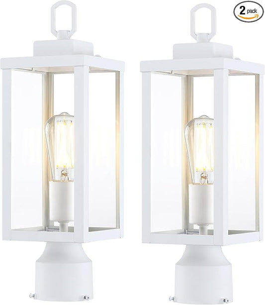 GRUENLICH Outdoor Post Lighting Fixture Pole Lantern, E26 Medium Base Max 60W, Metal Housing Plus Glass, Matte White Finish, Bulb Not Included, 2 Pack