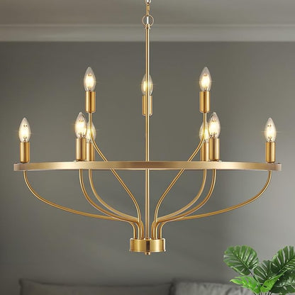 30" Modern Gold Chandelier Light Fixture Vintage 9-Lights Mid Century Modern Candle Style Chandeliers Rustic Industrial Golden Chandelier for Dining Room, Kitchen Island, Living Room, E12