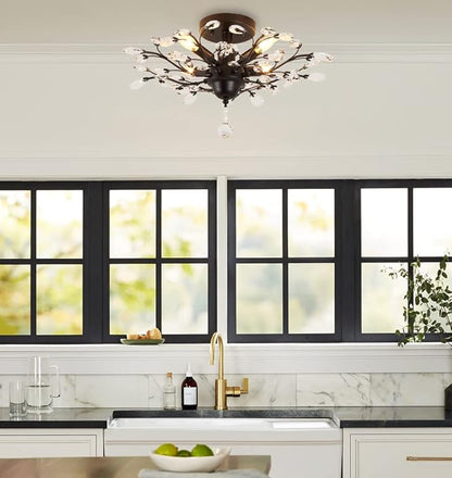 SEOL-Light 24.5" Dia 4-Light Vintage Crystal Branch Close to Ceiling Light Fixture Black Chandelier Flush Mount,E12,160W,for Bedroom,Kitchen,Living Room;