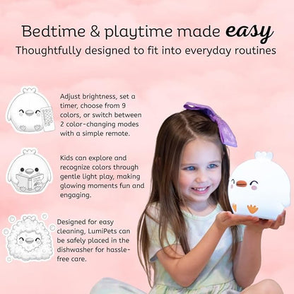 Lumipets Clara the Chick Squishy Silicone Night Light for Kids | Cute Night Light with Remote & Touch Control for Baby & Toddler Bedrooms | Color Changing Portable Animal Nightlight | Soft Mood Lamp