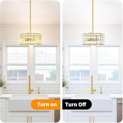 Gold Crystal Chandelier for Dining Room, 3-Light Modern Semi Flush Mount Ceiling Pendant Light Fixture, Round Pendant Lights Kitchen Island, Chandelier for Living Room Bedroom Hallway Entryway, E12