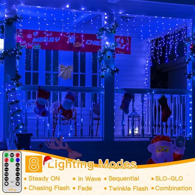 Ollny Icicle Lights for Outside 504LED 41FT, Blue Christmas Light with Remote 8Modes Timers Waterproof, Plug in Connectable Hanging Lights for Outdoor Indoor House Roof Holiday