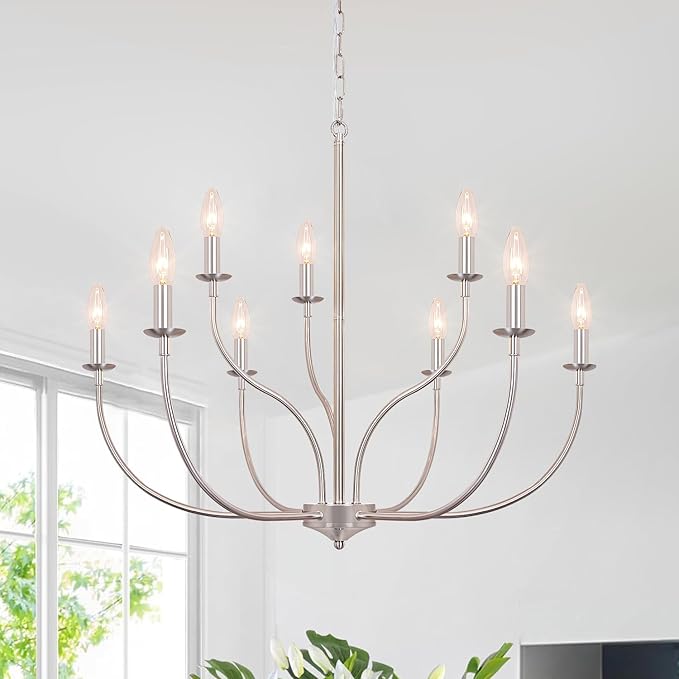 9-Light Farmhouse Chandelier for Dining Room, 2-Tier Brushed Nickel Chandelier, Industrial Modern Chandeliers for Dining Room, Living Room, Bedroom, Entryway, Kitchen
