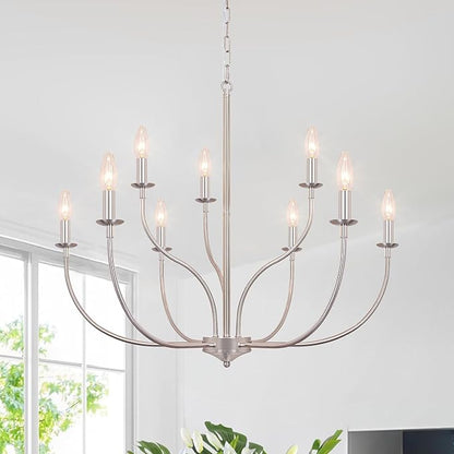 9-Light Farmhouse Chandelier for Dining Room, 2-Tier Brushed Nickel Chandelier, Industrial Modern Chandeliers for Dining Room, Living Room, Bedroom, Entryway, Kitchen