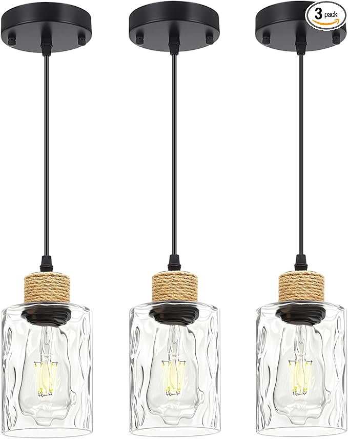 3 Pack Farmhouse Water Ripple Glass Pendant Lights for Kitchen Island, Black Kitchen Pendant Lighting, E26 Hanging Light Fixture for Dining Room, Bedroom, 41" Adjustable Cord, Bulb Not Include