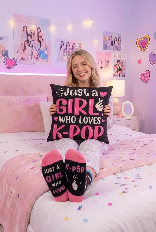 Kpop Gift Set Includes 20oz Tumbler, Throw Pillow Cover, Socks & Makeup Bag Just a Girl Who Loves K-pop Room Decor Birthday Gifts for Kpop Music Fans (Black)
