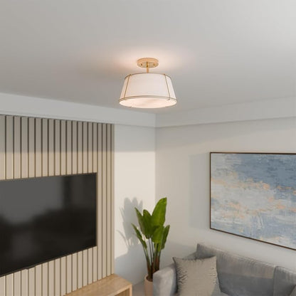 Globe Electric 2-Light Flush Mount Ceiling Light, Matte Brass, Off-White Fabric Shade with Acrylic Diffuser, Updated Traditional Style