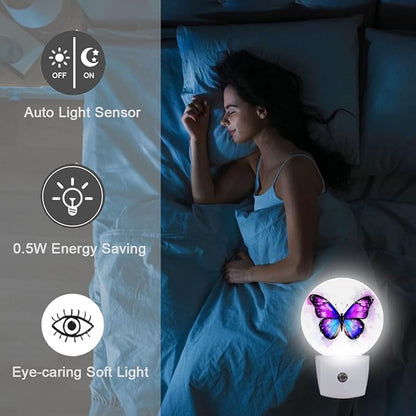 Purple Butterfly Night Light Plug Into Wall Auto Led Sleep Round Lamp for Living Room Hallway Stairs