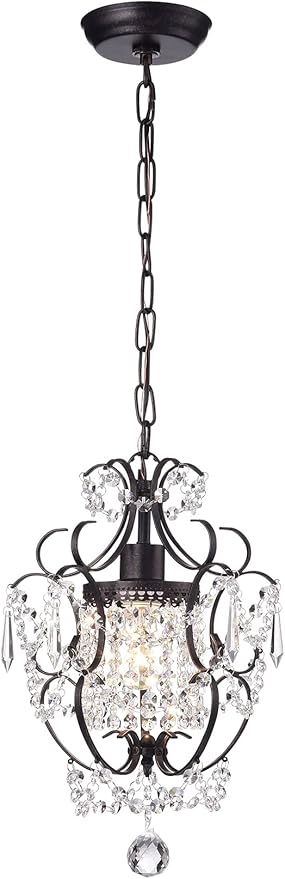 Edvivi Amorette Mini Chandelier Crystal, 1 Light Modern Elegant Glam Ceiling Light Fixture Antique Bronze, Adjustable Hanging Lighting for Closet, Bedroom, Girls Room, Kitchen Island