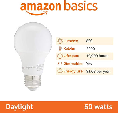 Amazon Basics A19 LED Light Bulbs, 60W Equivalent, 9W Energy Efficient, E26 Standard Base, Daylight White 5000K, Dimmable, 10,000 Hour Lifetime, 6-Pack