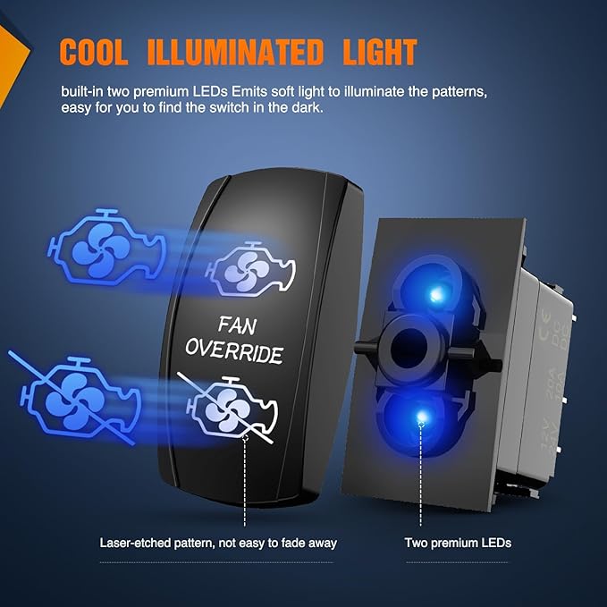 Nilight Fan Override Rocker Switch Led Light Bar 5 Pin Laser On Off SPST Switches 20A/12V 10A/24V Blue with Jumper Wires Set for Cars Trucks Boats ATVs UTVs RVs
