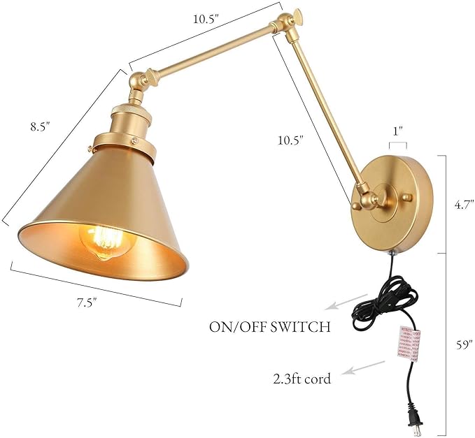 LALUZ Gold Wall Sconces Lighting 2 Pack, Modern Swing Arm Plug-in or Hardwired Adjustable Wall Lamp with Brass Finish for Bedroom, Kitchen, and Living Room
