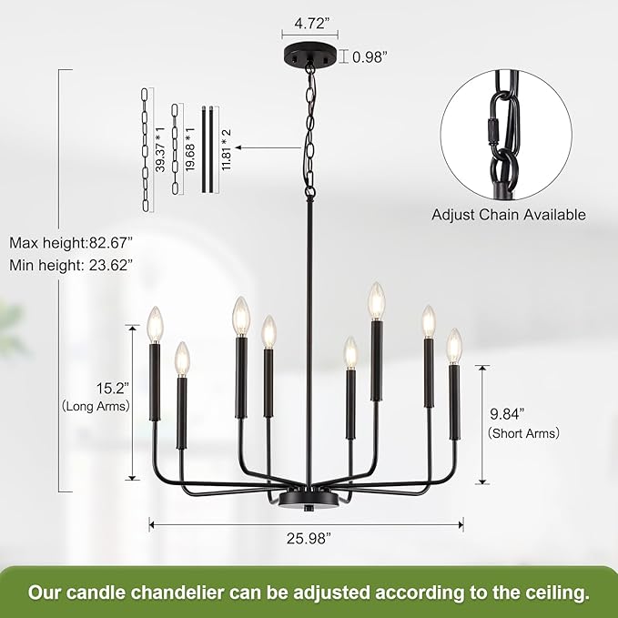 Modern Black Chandelier for Dining Room, 8-Light Metal Farmhouse Dining Room Light Fixtures Hanging Candle Chandelier Lighting for Kitchen, Living Room, Foyer, Entryway, Bedroom