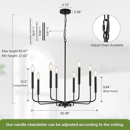 Modern Black Chandelier for Dining Room, 8-Light Metal Farmhouse Dining Room Light Fixtures Hanging Candle Chandelier Lighting for Kitchen, Living Room, Foyer, Entryway, Bedroom