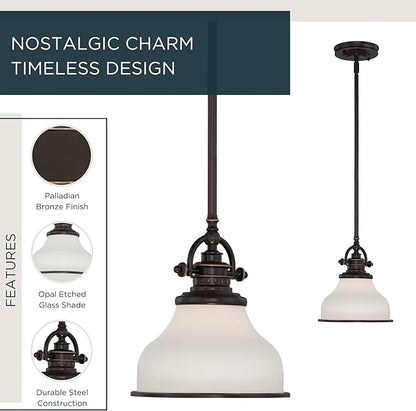 Quoizel Grant 8" Mini Pendant Light, Palladian Bronze with Opal Etched Glass, 13"–48" Adjustable Height for Kitchen Island or Bar