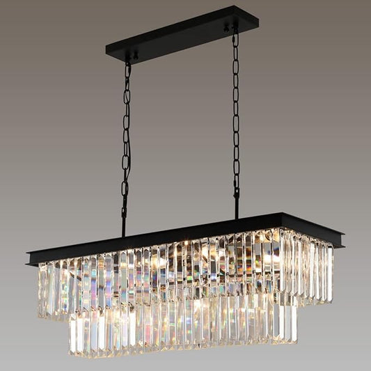 Weesalife Crystal Chandeliers for Dining Room 11-Light Black Modern Chandelier Rectangle Contemporary Pendant Light Fixture for Kitchen Island Bar L33.5 Inch