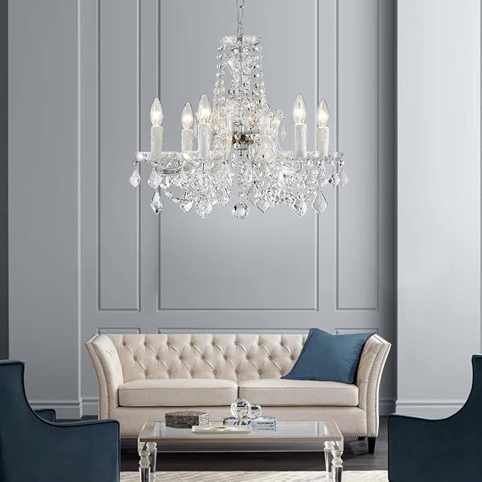 AGV LIGHTING Modern Chandelier Light Fixture, Crystal Pendant Raindrop Chandelier, Maria Theresa Silver Crystals Chandelier with 6-Lights, D20 X H18, Adjustable Chain Max 39"