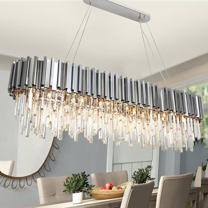 Chrome Rectangle Crystal Chandeliers L59'' Rectangular Modern Chandeliers for Dining Room 22 Light Contemporary Chrome Light Fixture Over Dining Table Extra Large