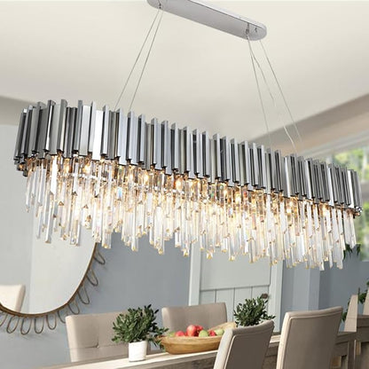 Chrome Rectangle Crystal Chandeliers L59'' Rectangular Modern Chandeliers for Dining Room 22 Light Contemporary Chrome Light Fixture Over Dining Table Extra Large