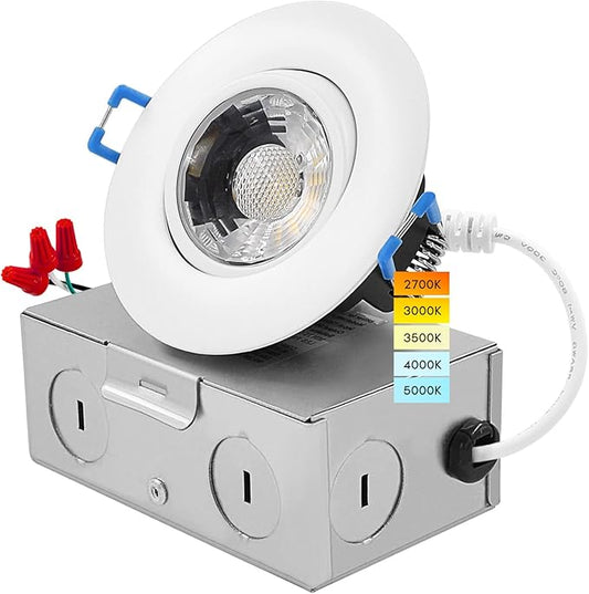 LUXRITE 3 Inch Gimbal LED Recessed Light with Junction Box, 5CCT Color Selectable 2700K-5000K, Dimmable Adjustable Eyeball Swivel Lights, 600 Lumens, 8W, IC Rated, Damp Rated, ETL Listed