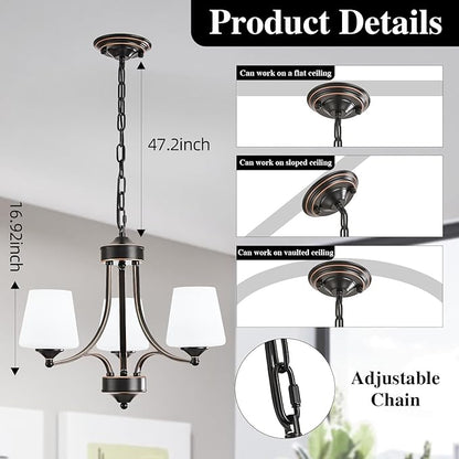 3 Light Farmhouse Chandelier with Milk White Frosted Glass Shades Black Dining Room Light Adjustable Height Ceiling Hanging Light Fixtures for Dinner Table, Kitchen Island, Entryway