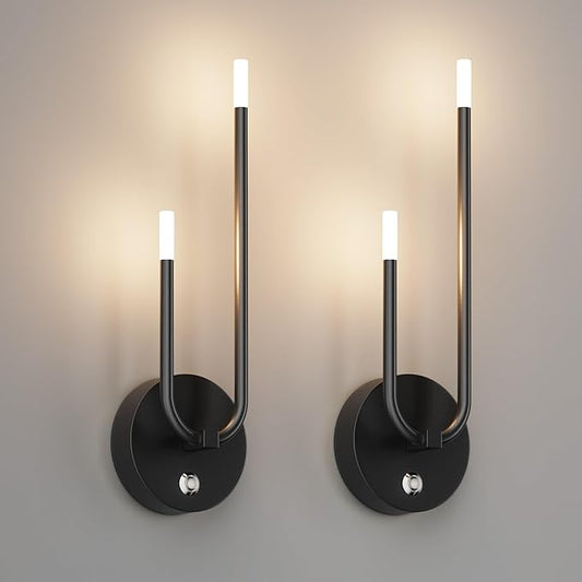 Aipsun Black Battery Operated Wall Sconce Set of 2, Modern LED Stepless Dimming Rechargeable Wall Sconce Indoor Wireless Wall Lights for Bedroom,Living Room,Hallway Warm Light 3000K