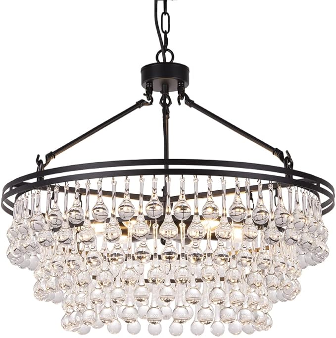 TOCHIC Black Crystal Chandelier 24 inch, Modern Farmhouse Light Fixtures Ceiling Hanging Crystal Pendant Lighting for Bedroom, Dining Room, Kitchen Island Light, Living Room Chandelier, 3 Tiers