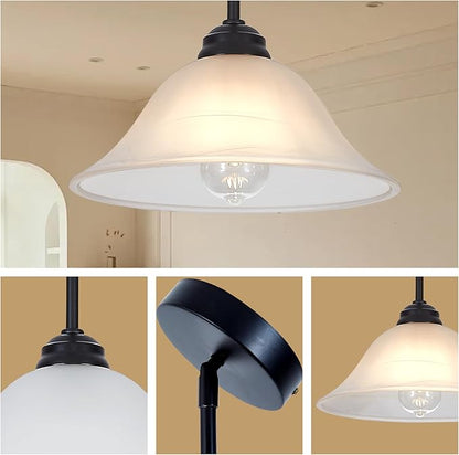 Modern Alabaster Glass Pendant Light Adjustable Rod Pendant Lighting Fixture for Kitchen Sink Bar Dining Room, 12“D (Black)