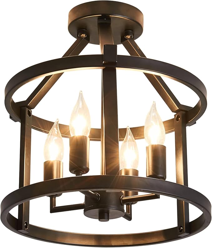 UOFUS Metal Semi Flush Mount Ceiling Light Fixture 4 Candle Holder Matte Chandelier Farmhouse Ceiling Lamp for Dining Room Bedroom Kitchen Hallway Entryway（Black）