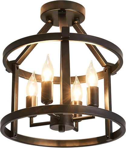 UOFUS Metal Semi Flush Mount Ceiling Light Fixture 4 Candle Holder Matte Chandelier Farmhouse Ceiling Lamp for Dining Room Bedroom Kitchen Hallway Entryway（Black）