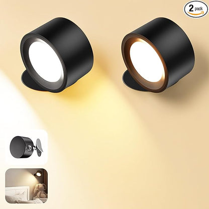 Wall Mounted Lamp LED Wall Lights with Rechargeable Battery Operated, 3 Color Temperatures & 3 Brightness Levels 360°Rotate Magnetic Ball, Cordless Sconces for Reading Bedroom Bedside,Black-2 Pack