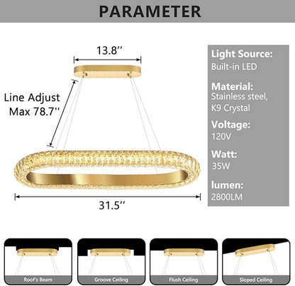 32'' Oval Ring Crystal Chandelier Modern LED Dimmable Ring Pendant Light Chandelier for Dining Room Living Room Gold