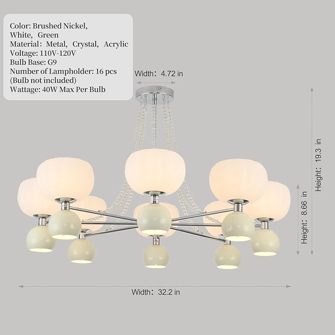 Mid Century Modern Globe & Sputnik Chandelier in Brushed Nickel with Crystal Chains,Bubble Chandelier Lighting, Pre-Assembled Round Light Fixture for Living Room,Dining Room,Entryway