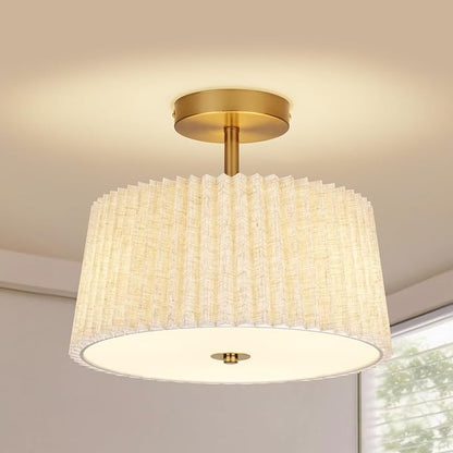 13 Inch Linen Pleated Semi Flush Mount Ceiling Light Fixture, Modern Cone Drum Dimmable Lamp for Bedroom, Kitchen, Dining Room, Hallway, Nursery, Entryway, Foyer Lighting, Gold